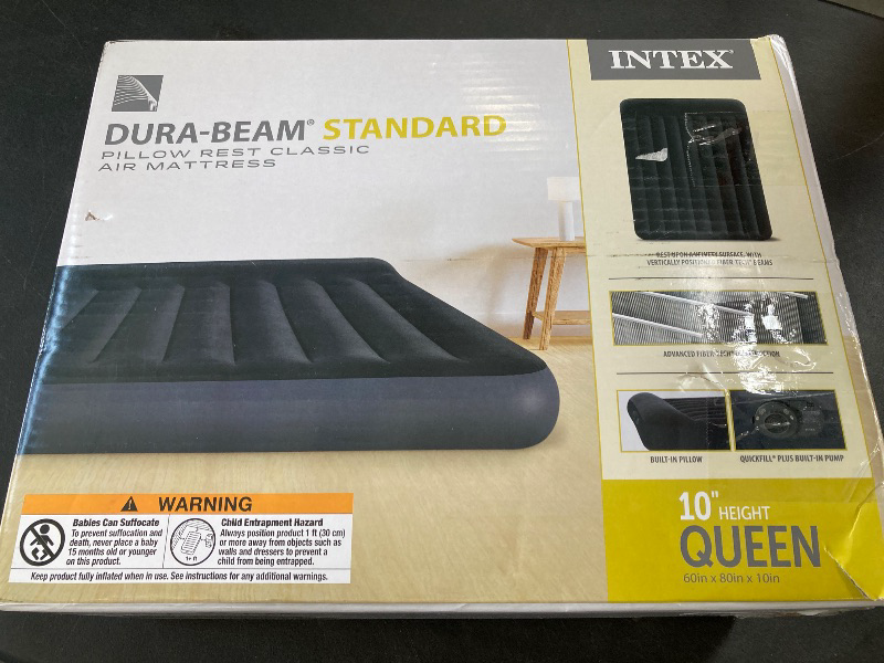 Photo 1 of INTEX 64149ED Dura-Beam Standard Pillow Rest Air Mattress: Fiber-Tech – Queen Size – Built-in Electric Pump – 10in Bed Height – 600lb Weight Capacity