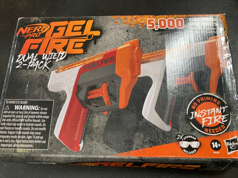 Photo 1 of NERF Pro Gelfire Dual Wield Pack, 2 Blasters, No-Prime Firing, 5000 Gelfire Rounds, 2X 100 Round Integrated Hoppers, 2 Eyewear, Ages 14 & Up