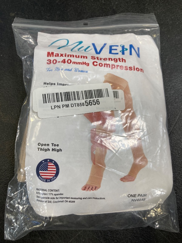 Photo 1 of NuVein Medical Compression Stockings, 30-40 mmHg Support, Women & Men Thigh Length Hose, Open Toe, Beige, Small