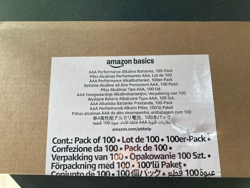 Photo 1 of Amazon Basics AAA Alkaline High-Performance Batteries, 1.5 Volt, 10-Year Shelf Life, 100 Count (Pack of 1)