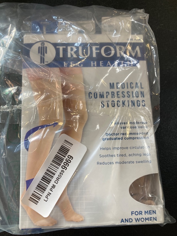 Photo 1 of Truform 20-30 Mmhg Compression Stockings for Men & Women, Thigh High Length, Dot Top, Closed Toe, Black, Large (20-30 Mmhg)