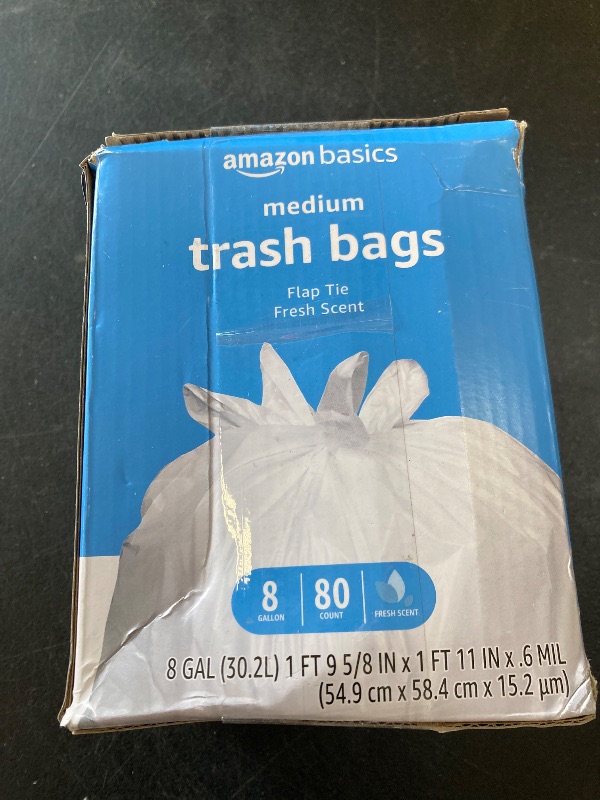 Photo 1 of Amazon Basics 8 Gallon Flap Tie Trash Bags, 80 Count Fresh Scent