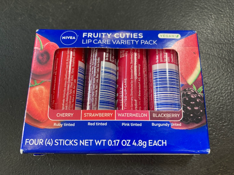 Photo 1 of NIVEA Lip Care, Fruity Tinted Lip Balm Variety Pack, Cherry, Strawberry, Blackberry and Watermelon Flavors, 3-in-1 Moisture, Repair and Color, 0.17 Oz Stick, Pack of 4