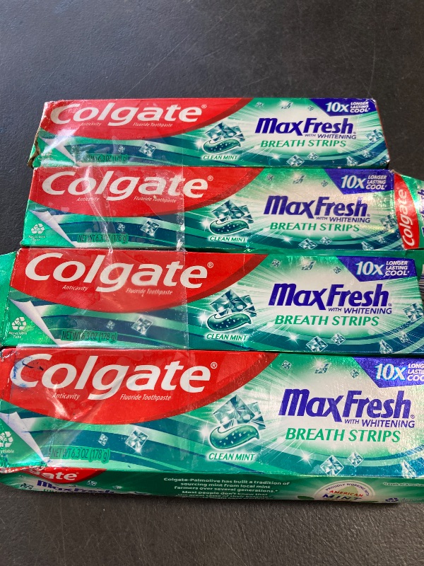 Photo 1 of Colgate Max Fresh Whitening Toothpaste with Mini Strips, Clean Mint Toothpaste for Bad Breath, Helps Fight Cavities, Whitens Teeth, and Freshens Breath, 6.3 Ounce (Pack of 4)