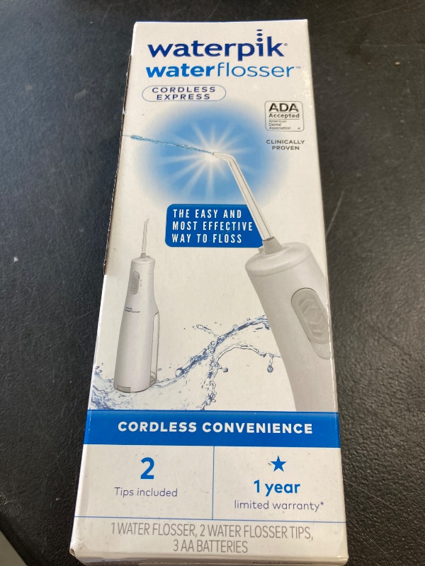 Photo 1 of Waterpik Cordless Express Water Flosser, Battery Operated & Portable for Travel & Home, ADA Accepted, Waterproof for Shower Use, White WF-02, Packaging May Vary