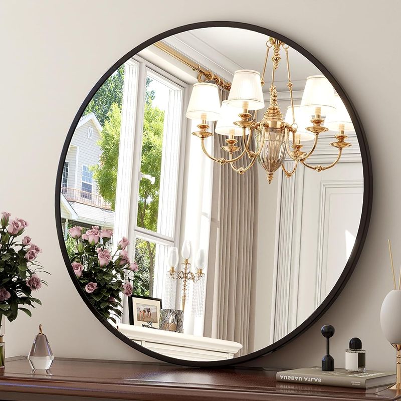 Photo 1 of 30 Inch Round Mirror - Circle Mirrors for Bathroom, Entryway and Living Room Wall Decor, Modern Hanging Vanity Mirror, Matte Black Circle Decorative Wall Mirror
