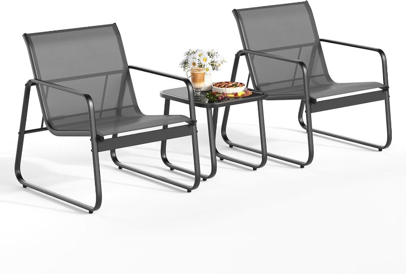 Photo 1 of Patio Chairs Set of 2, Patio Furniture Set with Metal Frame Glass Table, Outdoor Chairs Set of 2 for Balcony, Bistro Table and Chairs Set for Lawn, Black