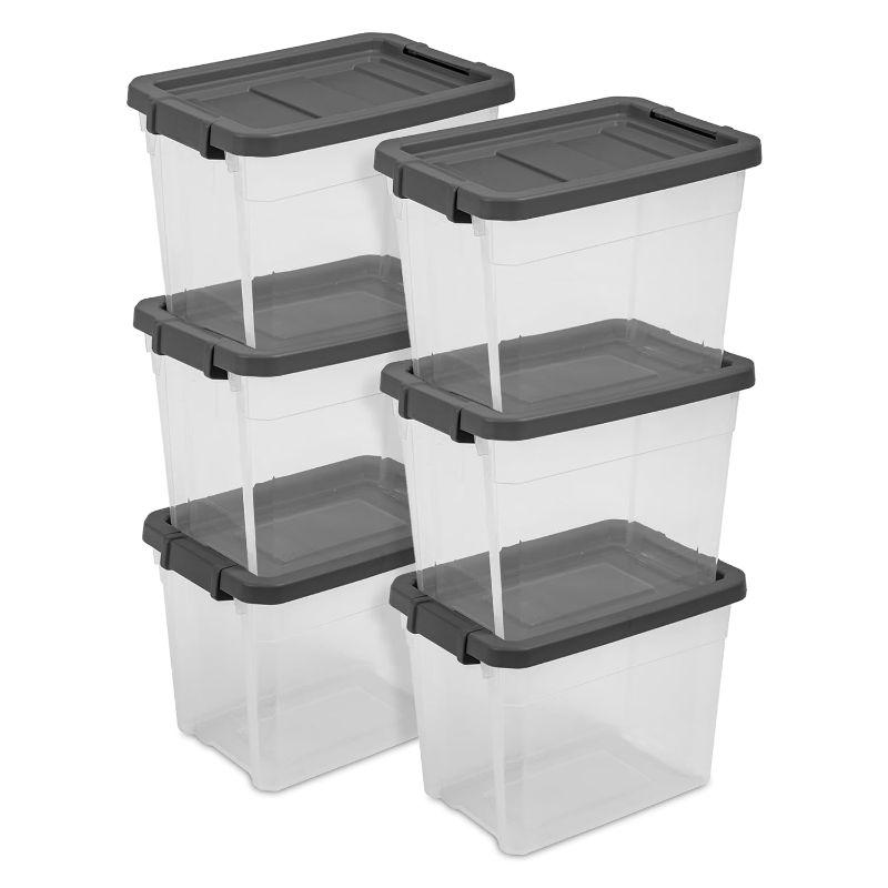 Photo 1 of Sterilite 6-Pack Modular Stacker Box, Durable Clear Plastic Storage Bins with Latching Lids, 30 Quart - Stackable Organizing Container Boxes for Closet, Bathroom, and Office
