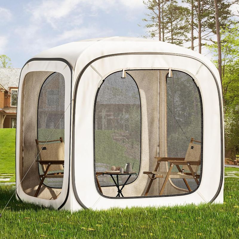Photo 1 of Screen House Tent, Camping Screen Room Gazebo with Storage Bag, Instant Screen Tent with Nails, Ropes, Nets & 4 Mesh Zipper Doors for Patio Backyard Garden Outdoor Activities, Beige