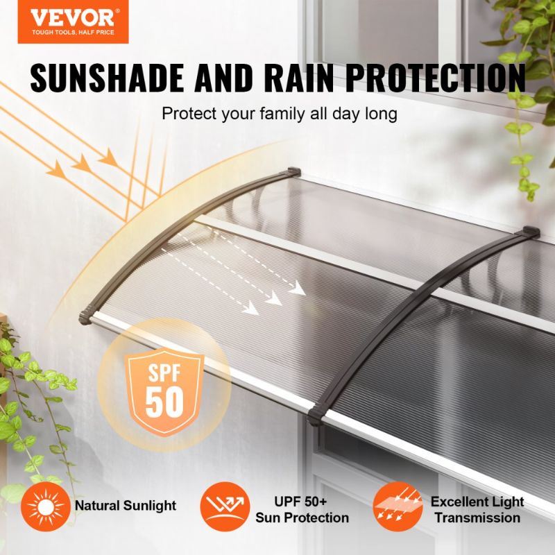 Photo 1 of VEVOR Window Door Awning Canopy, 120" x 40" Door Canopy Exterior, UF50+ PC Sunshade Sheet Awnings, Outdoor Patio Awning Sun Shade, Transparent, Waterproof, for Sun Shutter, UV, Rain, Snow Protection
