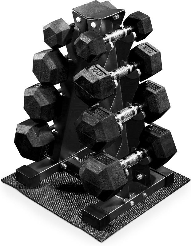 Photo 1 of BalanceFrom 100LB Rubber Coated Hex Dumbbell Weight Set and Storage Rack, 5-20 lbs Pairs, or 5-25 lbs Pairs