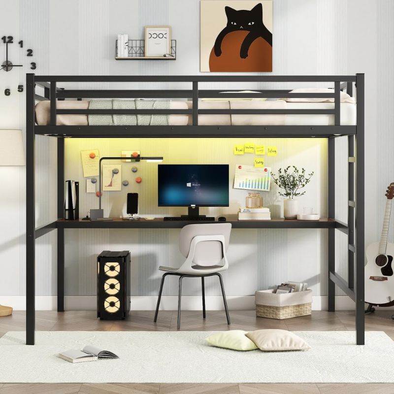 Photo 1 of Metal Full Size Loft Bed with Power Outlet and LED Lighted, Space-Saving, Noise Reduced, Black