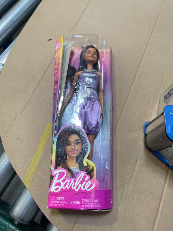Photo 1 of Barbie Fashionistas Doll #234 with Brown Hair, Wearing Sequined Purple Bubble Dress with Satiny Skirt, Silvery Necklace and Heels