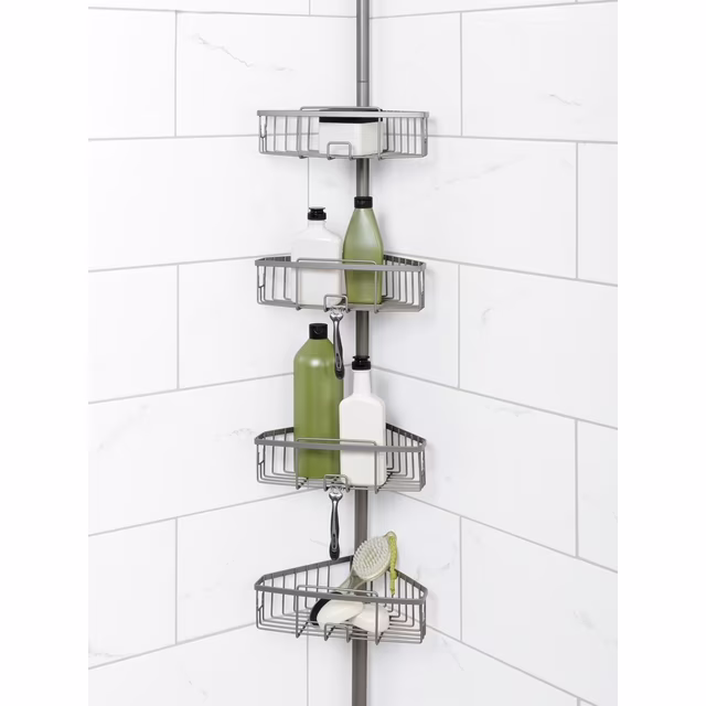 Photo 1 of Zenna Home Satin Nickel Metal Tension Pole Shower Caddy With 4 Basket Shelves 