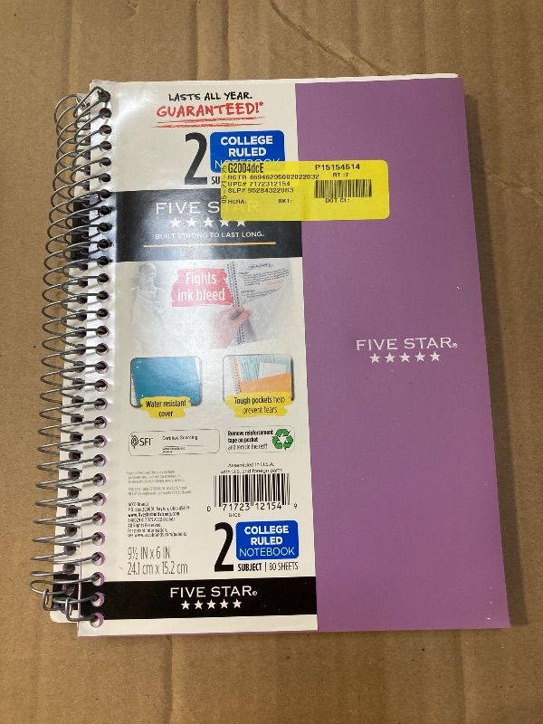Photo 1 of Five Star 80pg 2 Subject College Ruled Notebook 9.5"x6": Spiral, Wire-Bound, Acid-Free, Perforated, Water-Resistant, Pocket 2 Pack