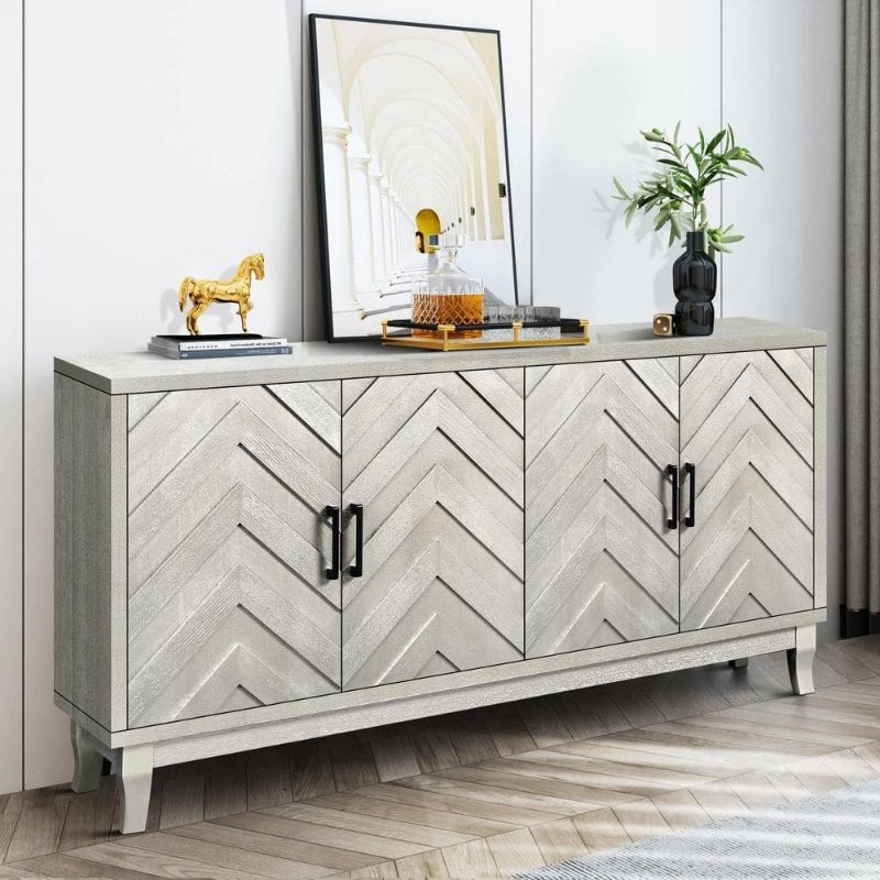 Photo 1 of Vintage-Style 4-Door Wooden Buffet Cabinet: Thickened for Strength in Entryway or Living Room Champagne, Silver