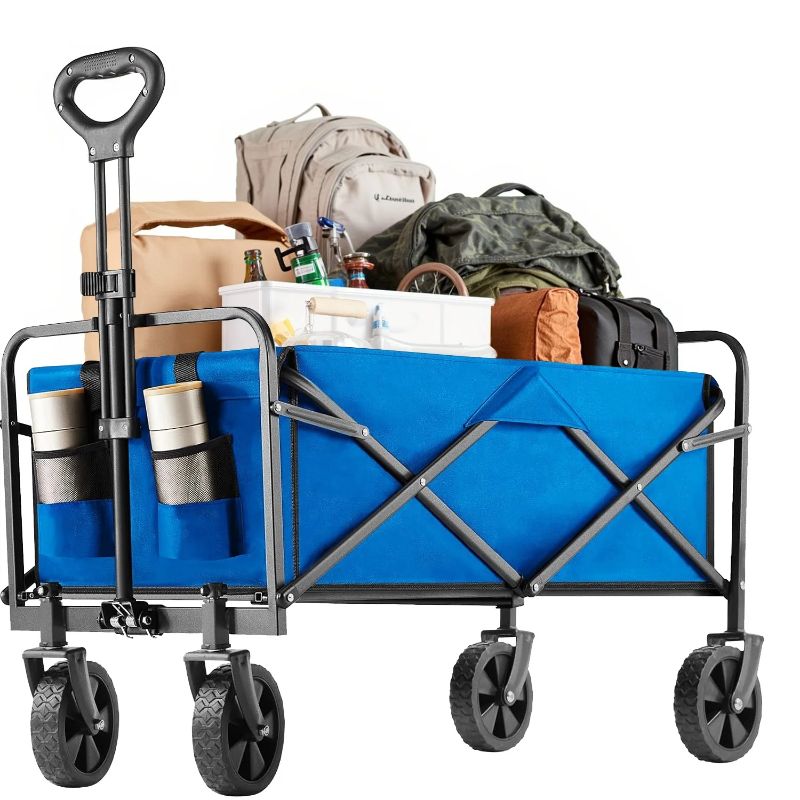 Photo 1 of Smiaoer Foldable Cargo Wagon with All-Terrain Wheels, Portable Shopping Wagon Large Capacity Utility Cart, Heavy Duty Collapsible for Sand, Beach, Gardening (30IN Blue)
