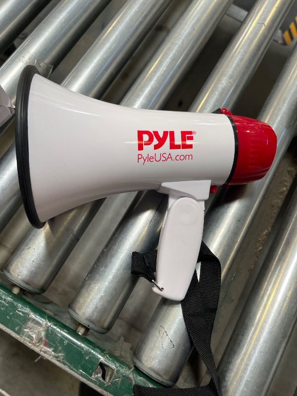 Photo 1 of Pyle 20W Megaphone Bullhorn - 5.4'' x 8.6'' Portable Megaphone, Projection Range Up to 800 Sq. Yards, Voice Talking & Siren Alert, Shoulder Strap, Battery Operated, (White)