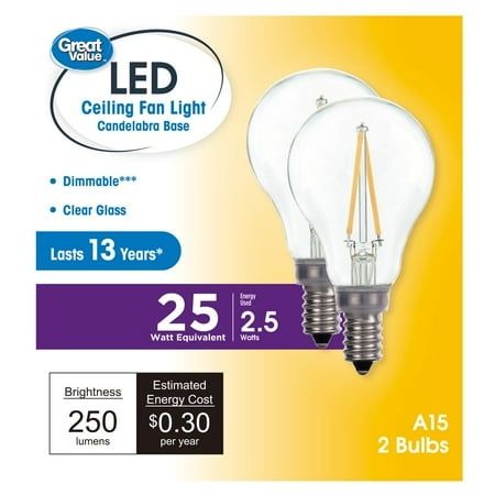 Photo 1 of Great Value LED Ceiling Fan Bulb 2.5W (25W Equivalent) Softe White A15 with E12 Base Dimmable 2PK