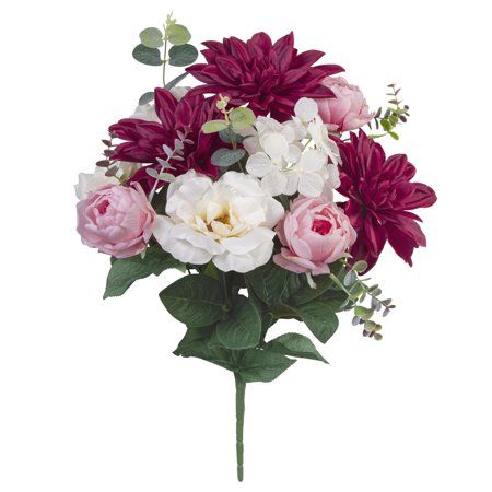 Photo 1 of 19-inch Artificial Silk Burgundy Dahlia & White Tea Rose Mixed Flower Bouquet for Indoor Use by Mainstays
