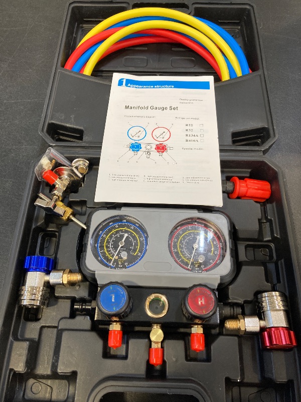 Photo 1 of CALPOSE 3 Way AC Gauge Set, HVAC Gauges for R134a R410a R12 R22 R502 Refrigerant, Refrigerant Gauge Kit with 5FT Hoses, Anti-Collision Dial?R410a Adapter, Puncturing Can Tap