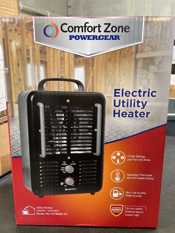 Photo 1 of Comfort Zone Electric Portable Milk house Style Utility Space Heater with Adjustable Thermostat, Overheat Protection, and Safety Tip-Over Switch, Ideal for Garage or Greenhouse, 1,500W, CZ798BK