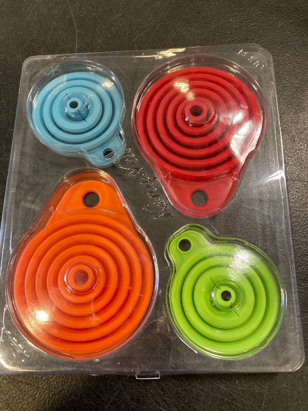 Photo 1 of KongNai Kitchen Funnel Set 4 Pack, Small and Large, Kitchen Gadgets Accessories Foldable Silicone Collapsible Funnels for Filling Water Bottle Liquid Transfer Food Grade