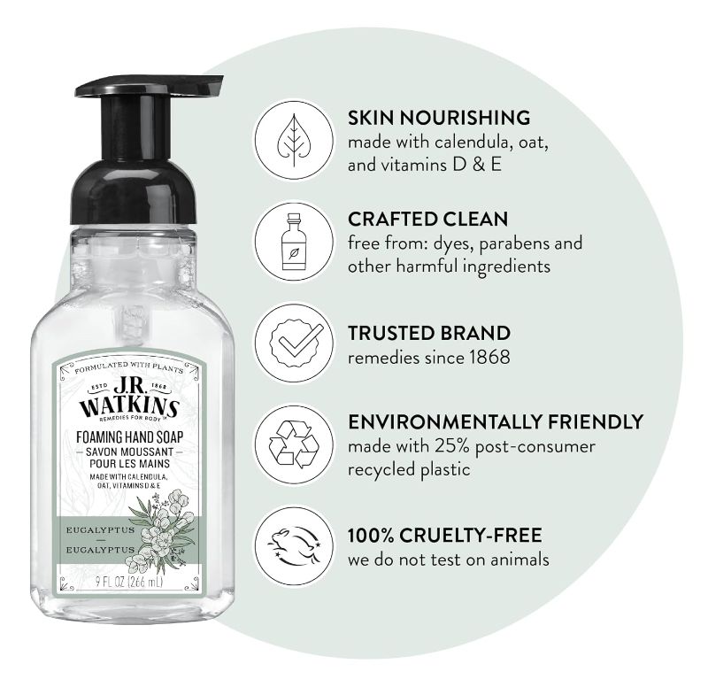 Photo 1 of J.R. Watkins Foaming Hand Soap Pump with Dispenser, Moisturizing All Natural Hand Soap Foam, Alcohol-Free, Cruelty-Free, USA Made, Use for Kitchen or Bathroom, Eucalyptus, 9 fl oz,