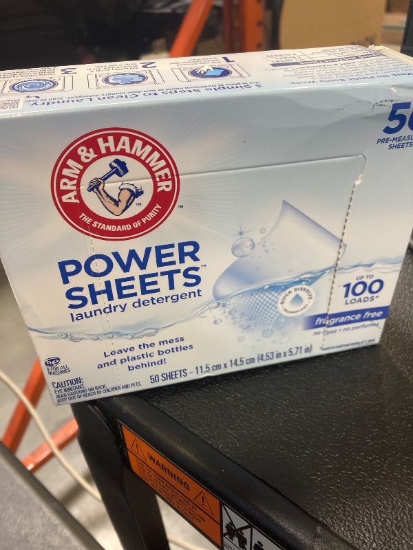 Photo 1 of ARM & HAMMER Power Sheets Laundry Detergent, Fragrance Free, Dermatologist Tested Concentrated Laundry Detergent Sheets, 50 Count, up to 100 Small Loads