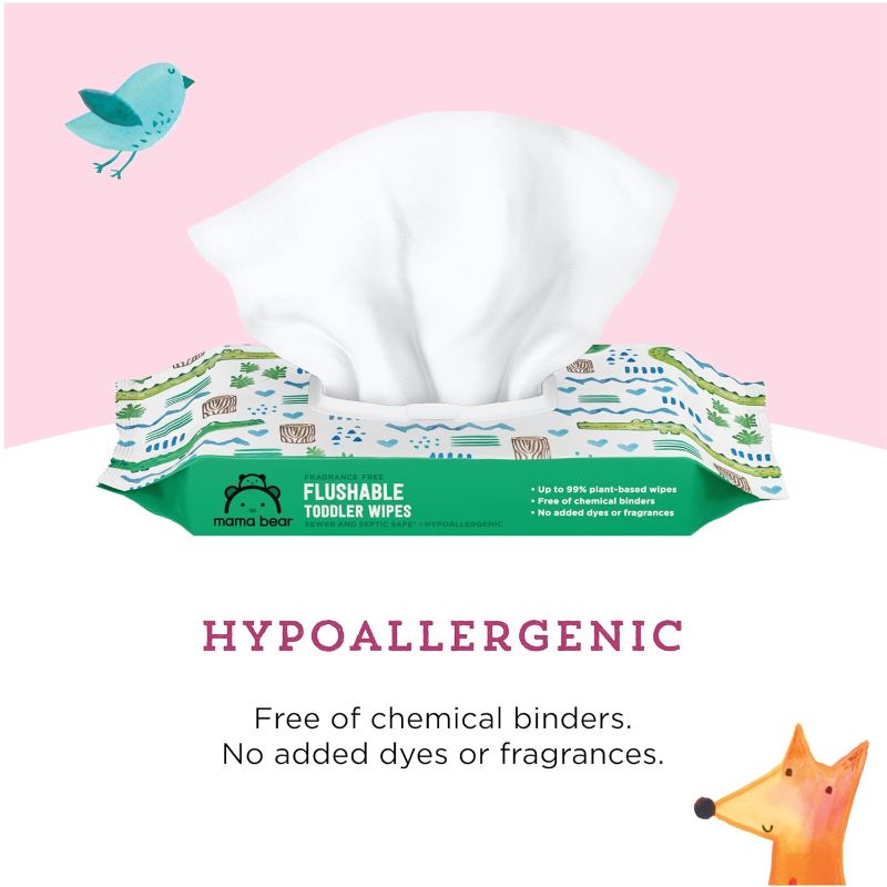 Photo 1 of Amazon Brand - Mama Bear Fragrance Free Hypoallergenic Flushable Toddler Toilet Wipes, 336 Count (4 Packs)