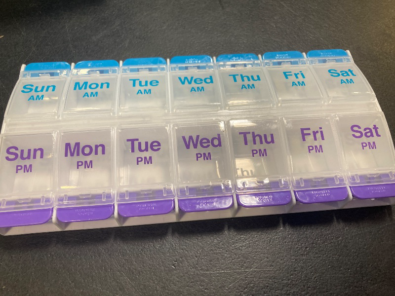 Photo 1 of EZY DOSE Push Button (7-Day) Pill Case, Medicine Planner, Vitamin Organizer, 2 Times a Day AM/PM, X-Large Compartments, Arthritis Friendly, Clear Lids, Purple and Blue, BPA Free