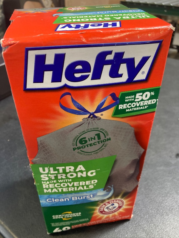 Photo 1 of Hefty Ultra Strong Made with 50% Recovered Materials* Tall Kitchen Trash Bags, Gray, Clean Burst, 13 Gallon, 40 Count