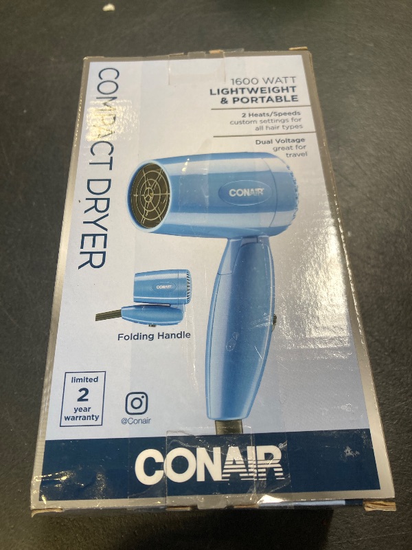 Photo 1 of Conair Travel Hair Dryer with Dual Voltage, 1600W Compact Hair Dryer with Folding Handle, Travel Blow Dryer