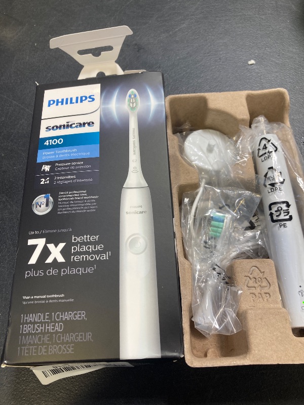 Photo 1 of Philips Sonicare 4100 Rechargeable Electric Toothbrush, with Pressure Sensor, 2 Intensity Settings, SmarTimer and QuadPacer, 14-Day Battery Life, White, Model HX3681/23