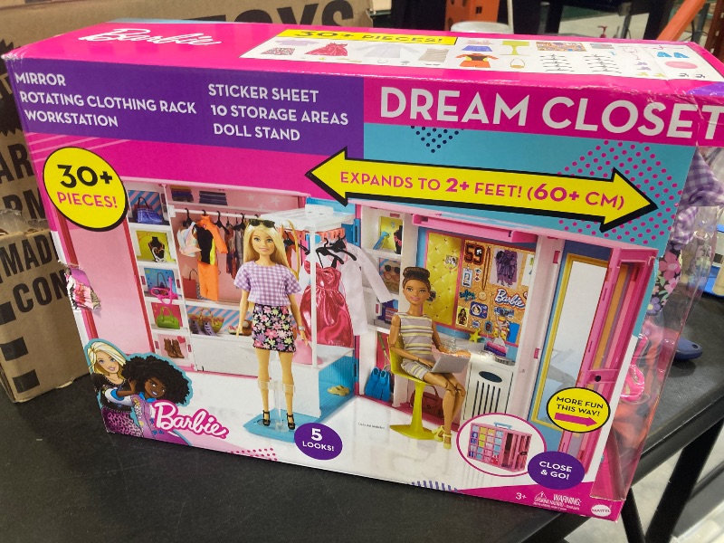 Photo 1 of Barbie Dream Closet Playset with 30+ Clothes & Accessories for Barbie Fashion Dolls Including 5 Outfits, Plus Mirror, Desk & Rotating Rack