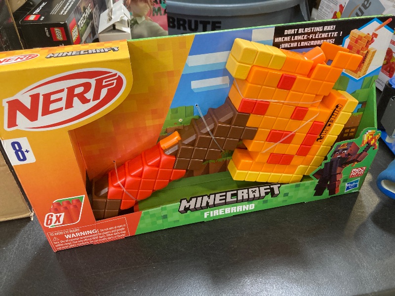 Photo 1 of Nerf Minecraft Firebrand, Dart Blasting Axe, 6 Nerf Elite Foam Darts, Design Inspired by Minecraft Axe in The Game, Pull Down Priming, Minecraft Toys