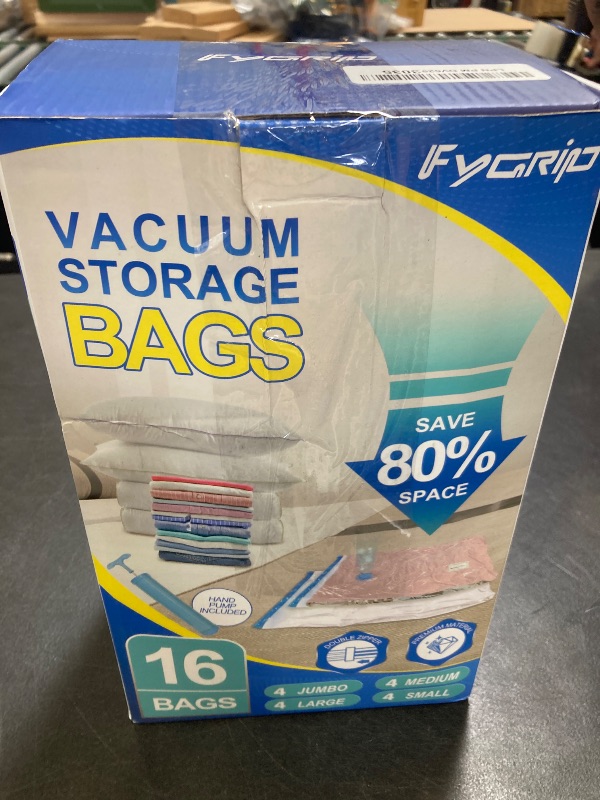 Photo 1 of Fygrip 16 Pack Vacuum Storage Bags with Hand Pump, 4 Jumbo + 4 Large + 4 Medium + 4 Small Plastic Packaging Bags, 80% Space Saver Vacuum Seal Bags for Clothing, Travel Lugggage, Blankets, Comforters