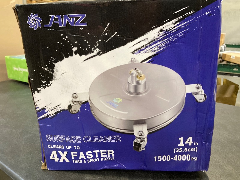 Photo 1 of janz 14" Pressure Washer Surface Cleaner with 4 Wheels, Stainless Steel Housing, 1/4" Quick Plug, 2 Extension Wands, 2 Replacement Nozzles and 3 Spray Nozzles, 4000 PSI