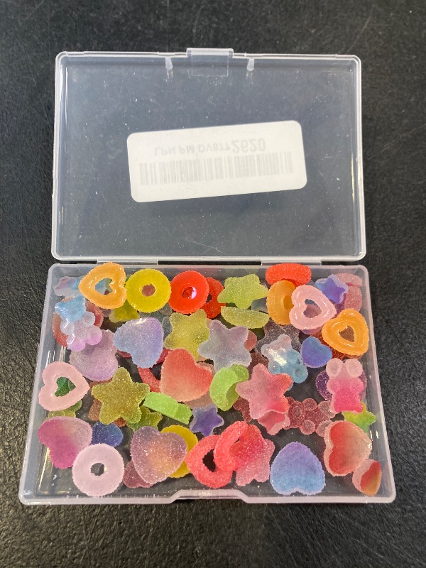 Photo 1 of UHOMENY 70 Pcs Mixed Candy Charms Soft Jelly Sugar Resin Flatback Beads Pendants Mini Assorted Jelly Buttons Heart Star Candy Bear Doughnut Shaped Charm with Box for DIY Crafts Phone Case Nail Art