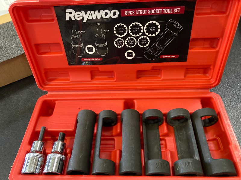 Photo 1 of Reywoo Strut Nut Socket Set, 8Pcs Suspension Strut Spreader Tool 16mm 18mm 19mm 21mm 22mm 24mm with 12 Point 1/2" Drive, Shock Absorber Socket for Easy Remove Strut Nuts
