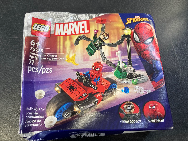 Photo 1 of LEGO Marvel Motorcycle Chase: Spider-Man vs. Doc Ock, Buildable Toy for Kids with Stud Shooters and Web Blasters, 2 Marvel Minifigures, Super Hero Toy, Gift for Boys and Girls Aged 6 and Up, 76275
