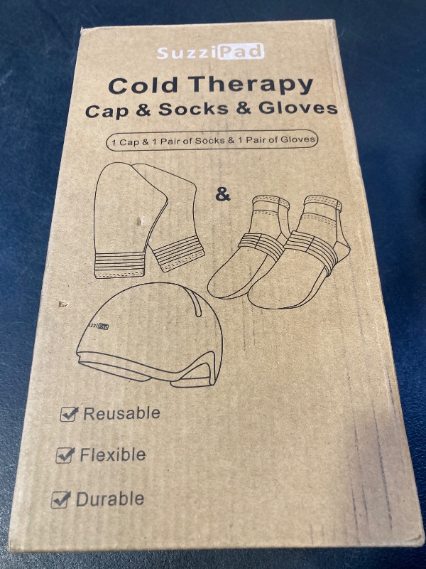 Photo 1 of SuzziPad Chemo Care Package for Women & Men, Cooling Gloves, Socks and Cold Caps for Chemotherapy, Ideal for The Discomfort of Head, Hand, Feet, S/M