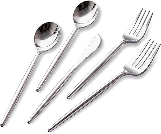 Photo 1 of SUT 150Pcs Silver Plastic Silverware, Silver Disposable Cutlery, Heavy Duty Disposable Silverware, Plastic Utensils Include 50 Plastic Forks, 50 Plastic Spoons, 50 Plastic Knives