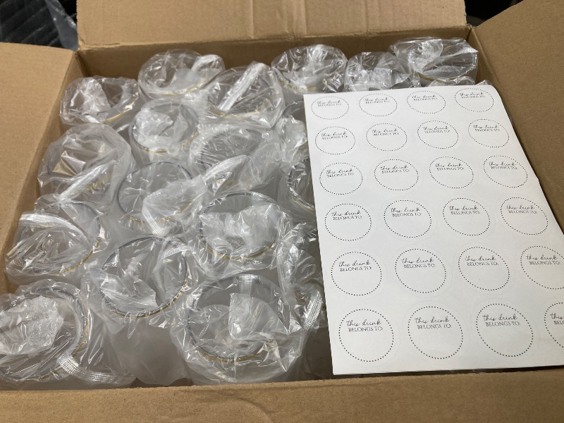 Photo 1 of 48 piece Stemless Unbreakable Crystal Clear Plastic Wine Glasses Set of 48 (10 Ounce - Gold Rim)