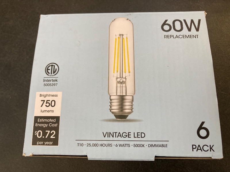 Photo 1 of Gozelux Dimmable E26 Edison Bulb, AC120V Warm White 2700K Light Bulbs, 6W, Equivalent 60W, 750LM, 5 Inch Long Tubular T10 LED Bulbs for Rustic Pendant, Chandeliers, Wall Sconces, Vanity, Pack of 6