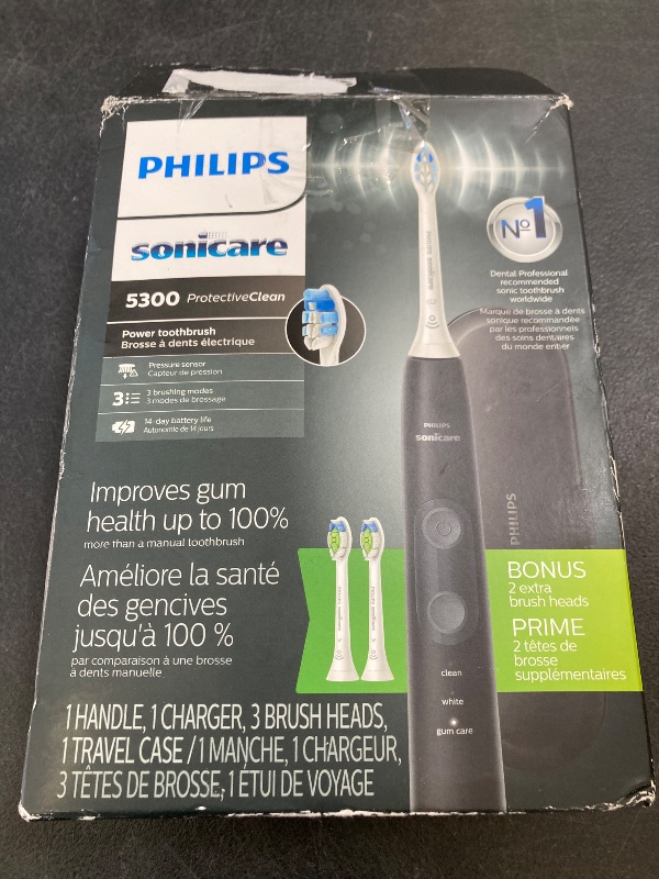 Photo 1 of Philips Sonicare Protective Clean 5300 Rechargeable Electric Toothbrush, with Pressure Sensor, 3 Cleaning Modes, SmarTimer and QuadPacer, with 2 Bonus Brush Heads, Travel Case, Black, Model HX6423/34