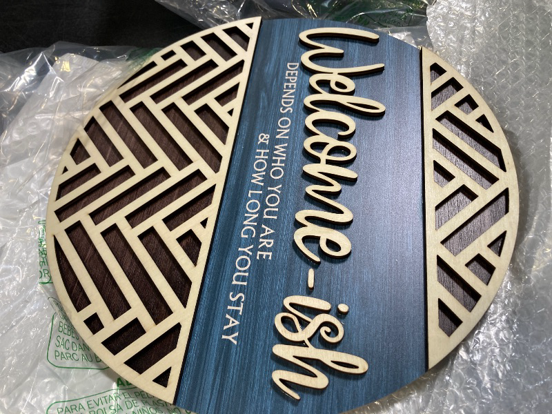 Photo 1 of IARTTOP 3D Welcome Hanging Sign Plaque for Front Door Wall Decor, Funny Welcome-ish Wooden Hanger (12''x 12''), Rustic Minimalist Outdoor Wood Wall Art for Farmhouse Porch or Entryway Home Decor