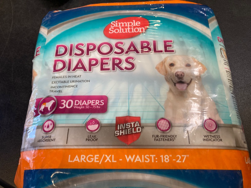 Photo 1 of Simple Solution Disposable Dog Diapers, Female Dog Diapers, Puppy Potty Training, Incontinence and Heat Cycle Protection, Large Diapers for Dogs, 18-27 Inch Waist, 30 Count