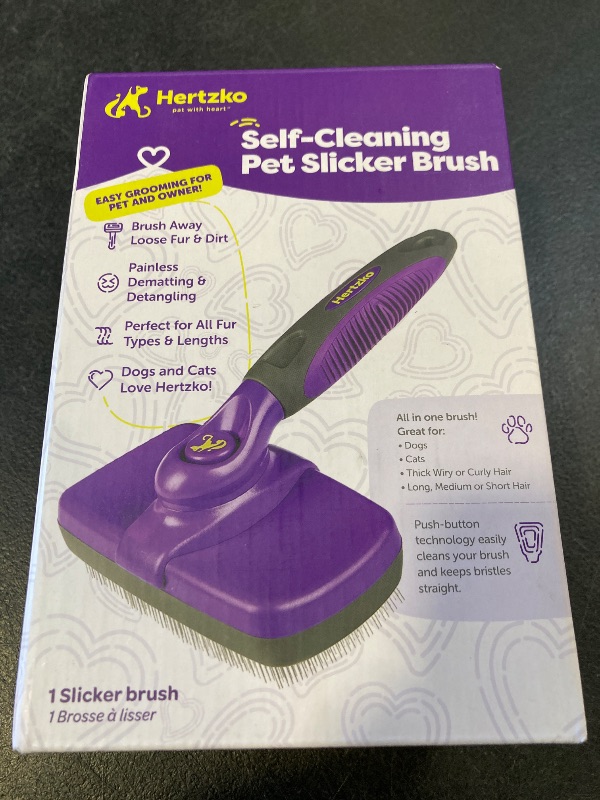 Photo 1 of Hertzko Self Cleaning Slicker Brush for Dogs and Cats - Pet Hair Brush for Shedding Long and Short Hair - Easy Clean Retractable Bristles - Cat and Dog Grooming Tool - Purple