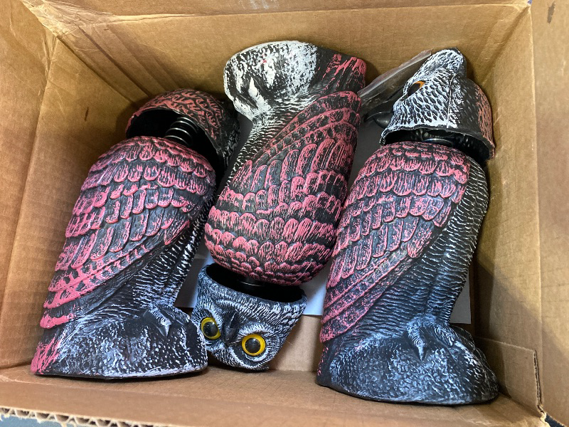 Photo 1 of Hausse 3 Pack Bird Scarecrow Fake Horned Owl Decoy, Rotating Head Plastic Owl Bird Deterrents, Nature Enemy Horned Pest Repellent for Outdoor Garden
